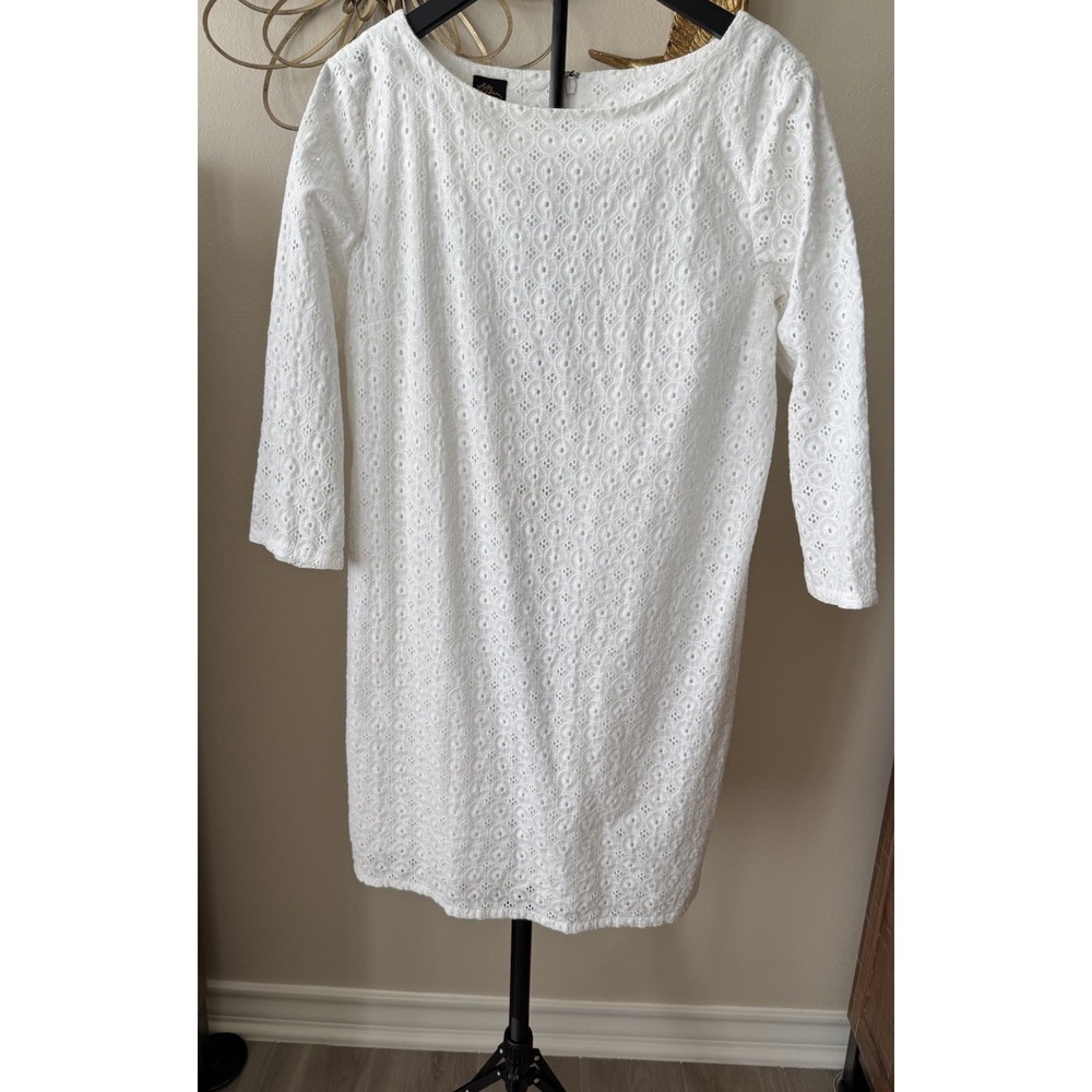 L.L. Bean White Eyelet Dress Size 12 Cotton Shift Sheath 3/4 Sleeve Lined